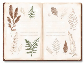 Open notebook with hand-drawn botanical illustrations.  Earthy tones and delicate sketches of feathers and ferns fill the pages. Perfect for journaling, nature lovers, and artists.