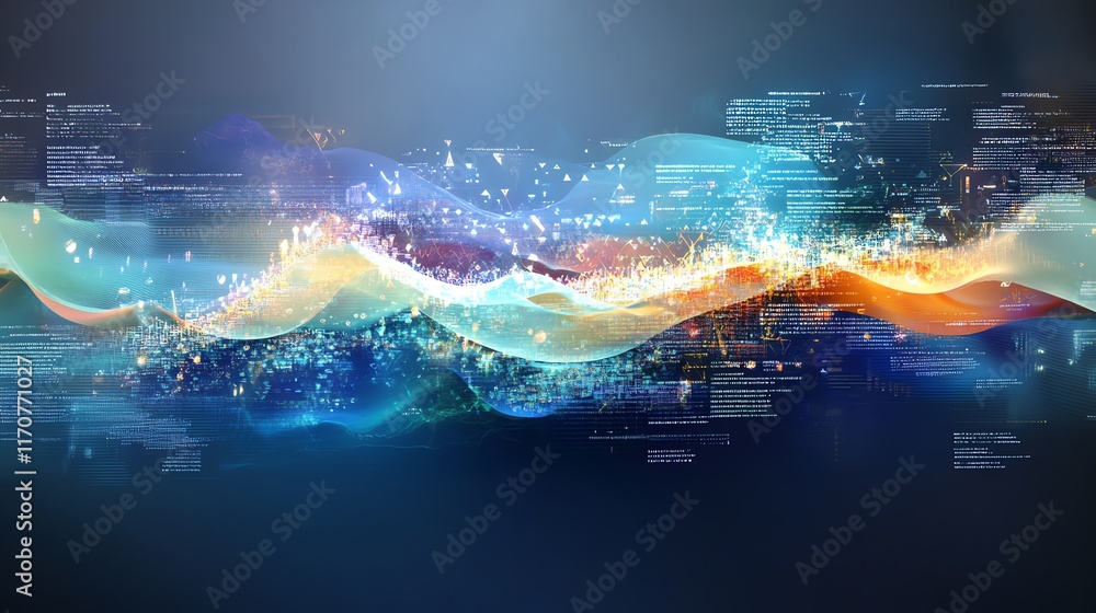 Poster data flow: abstract waves of digital information in a vibrant, tech-inspired style