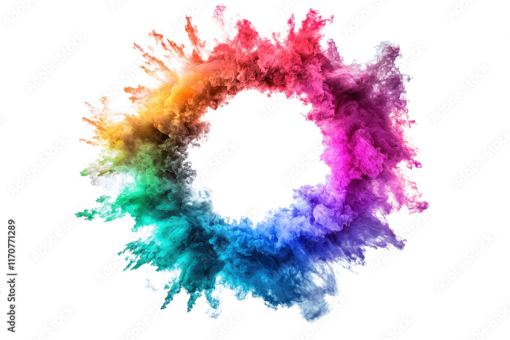 Poster a vibrant, colorful explosion resembling a circular cloud of pigments in various shades, creating a 