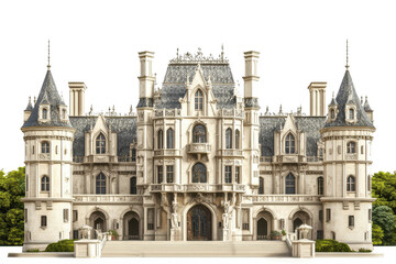 Fototapeta premium A grand, intricately designed mansion featuring ornate architecture, tall spires, and lush greenery, set against a stark transparent background.