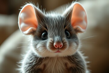 there is a small gray and white mouse with ears and ears