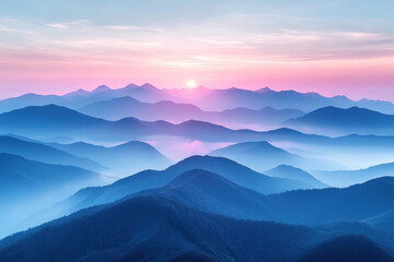 Fototapeta premium Misty blue mountain range at sunset.