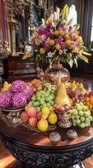 A beautifully arranged fruit display with vibrant flowers, set in an elegant indoor space.