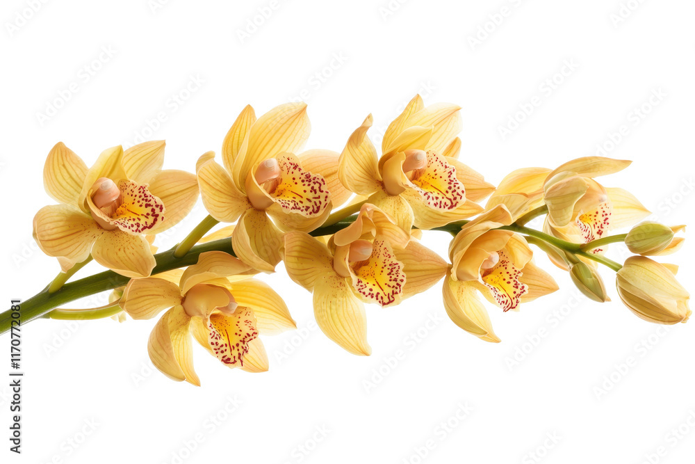 Poster a cluster of delicate yellow orchids featuring intricate patterns on their petals.