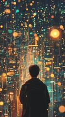 Immersed in Digital Network: A Person Gazing at a Vibrant Cityscape Illuminated by Data Points