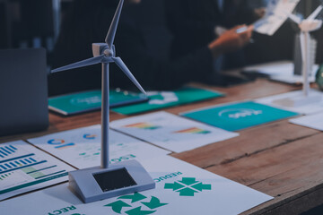 Carbon offset price report CO2 emission. Future growth Net zero waste in ESG ethical SME office protect climate change global warming social issues project. Group of asia people Eco friendly SDGs plan
