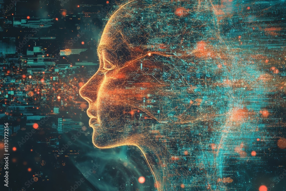Poster surreal abstract representation of big data flowing through a human profile