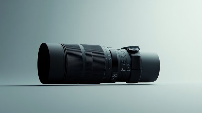 Modern black telephoto lens on a light gray studio background.