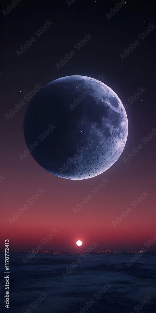 Poster sunset with large moon and clouds.