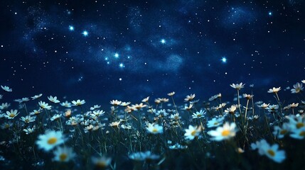 Chamomile Field Under Starlit Sky: A chamomile field lit by a star-studded sky