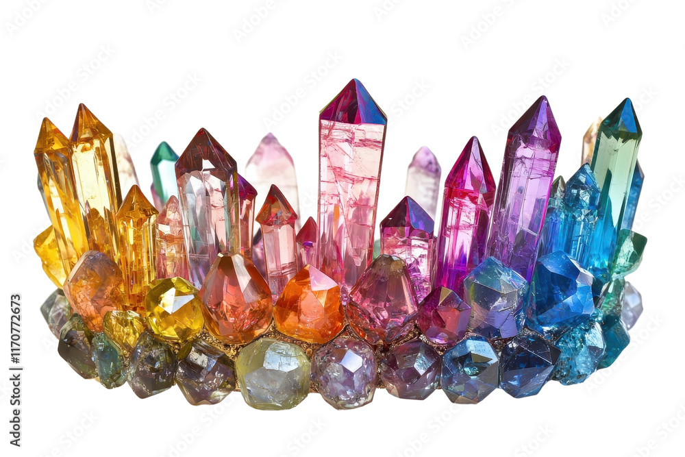 Poster a vibrant cluster of multi-colored crystals arranged in a striking formation showcasing various shap
