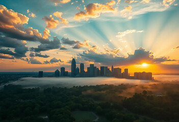 Fototapeta premium Stunning Aerial Cityscape at Sunrise with Modern Skyscrapers and Golden Sunlight