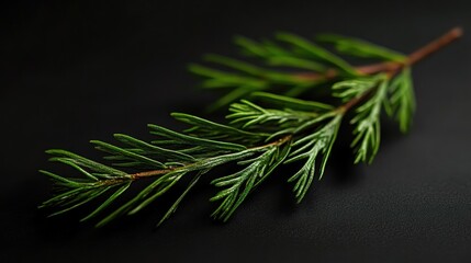 Close-up of Vibrant Green Sprig of Cypress on Black Background - Nature Photography