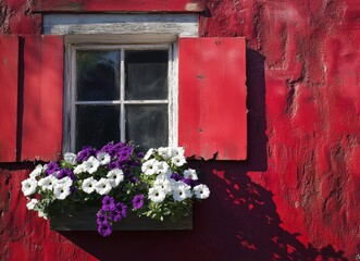 A window with a red wall and a white trim