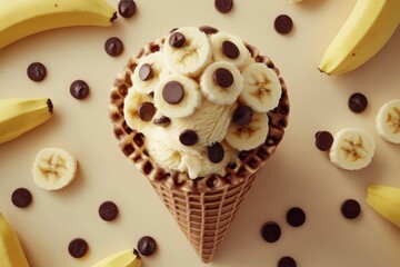 Delicious ice cream cone topped with bananas and chocolate chips surrounded by fresh bananas.