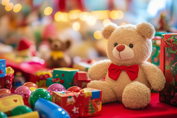 Teddy bear with red bowtie against colorful holiday decorations