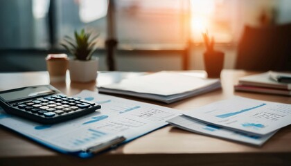 Financial documents and a calculator on a desk, symbolizing accounting, finance, and budgeting.