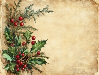 Vintage Christmas Watercolor Holly Berries, Pine Cone, and Evergreen Branches on Aged Paper Background - Holiday Greeting Card Design