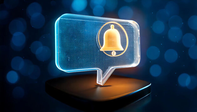 Stunning 3D render of a glowing notification bell icon inside a speech bubble.  Perfect for illustrating concepts of alerts, messages, updates, and digital communication. - Powered by Adobe
