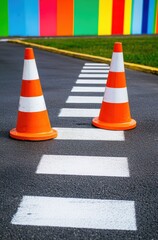 Two orange and white traffic cones are placed on a road with a white line