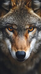 Obraz premium A close-up portrait of a wolf showcasing its intense gaze and detailed fur texture.