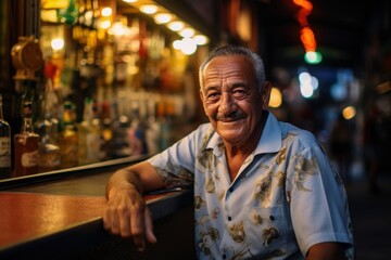 Fototapeta premium A man is sitting at a bar with a smile on his face