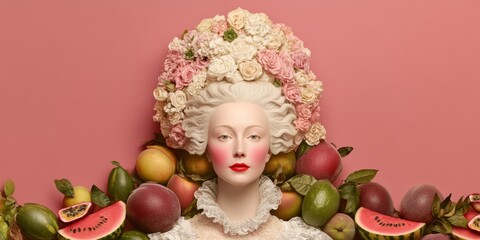 Pink Paradise: A portrait of a woman with a porcelain complexion, adorned with a lavish floral crown, surrounded by a bounty of fresh fruits.  The image evokes a sense of elegance and opulence. 