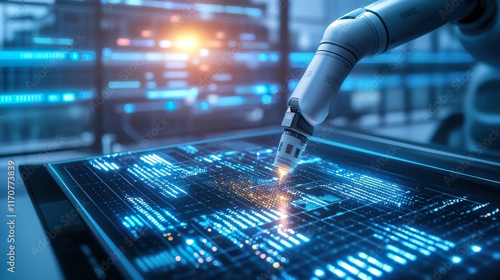 Poster a robotic arm interacts with a digital circuit board, showcasing advanced technology and innovation 