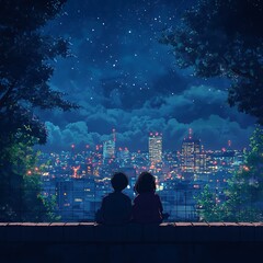 Fototapeta premium anime couple sitting on rooftop gazing at city lights