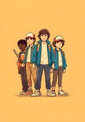 Group of kids in retro 80s style illustration, friendship and adventure