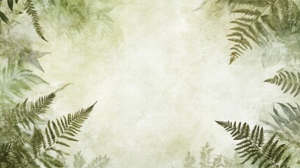 Elegant Green Fern and Leaf Border on Vintage Textured Background - Botanical Design for Wedding Invitations, Cards, and Wall Art