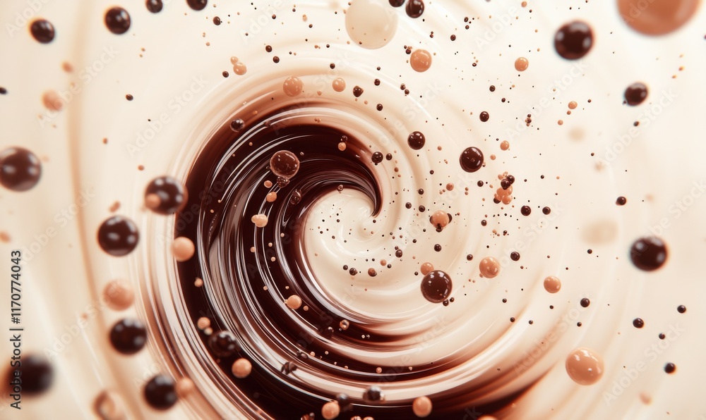 Poster concentric mocha circles merging into pastel splatters, an abstract representation of balance and fl