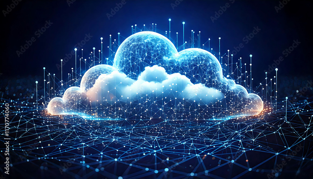 Poster stunning abstract depiction of cloud computing, showcasing a luminous cloud interconnected by a comp