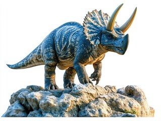 A realistic depiction of a Triceratops standing on rocks, showcasing its distinctive features.