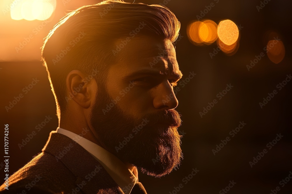 Poster a man with a beard and a suit is standing in front of a light