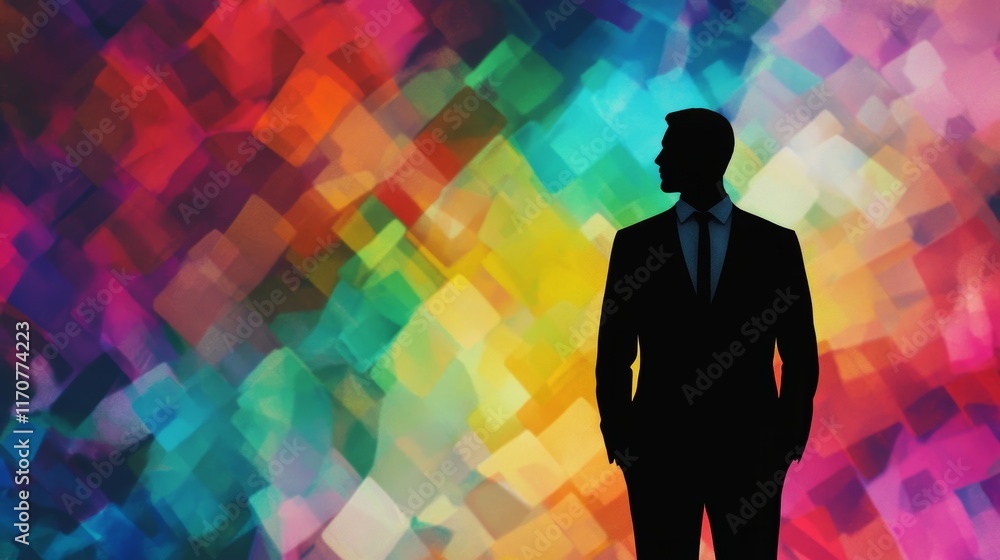 Poster a man in a suit stands in front of a colorful background