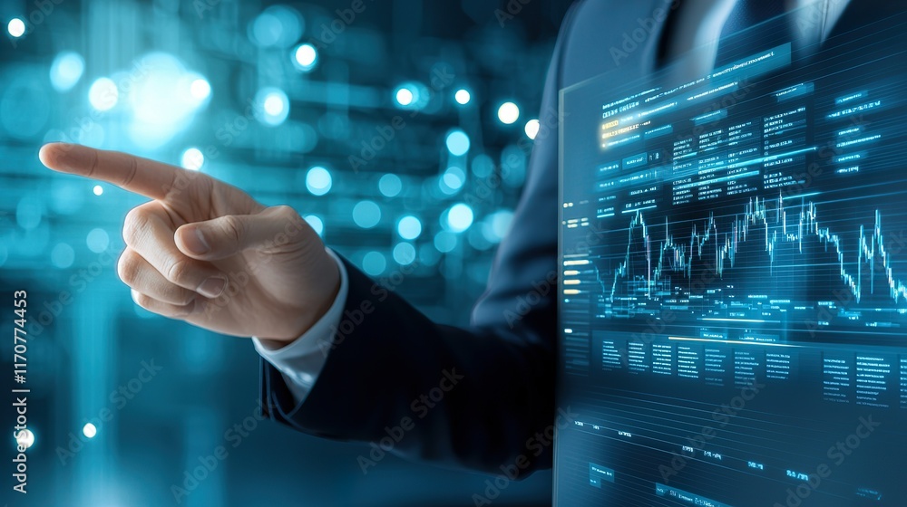 Poster a business professional interacts with digital data, showcasing financial graphs and statistics in a