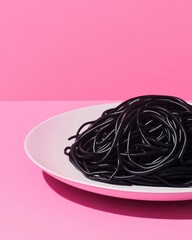 Artistic shot of black spaghetti on a white plate against a vibrant pink background.