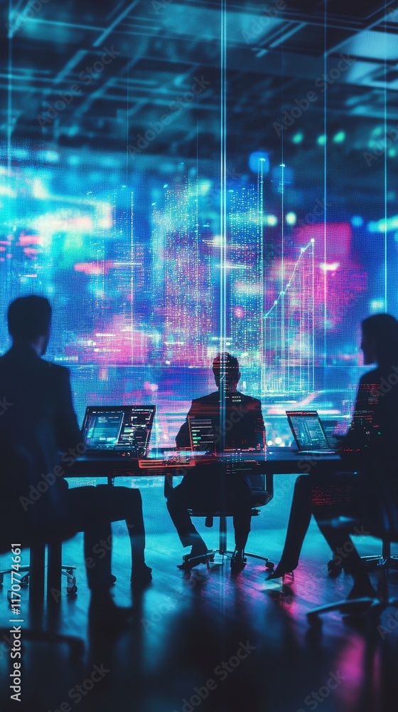 Poster a group of people are sitting at a table in front of a computer screen