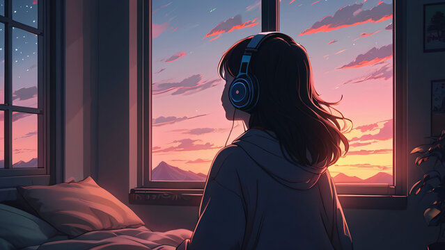 A girl looks out the window and listens to lofi beats