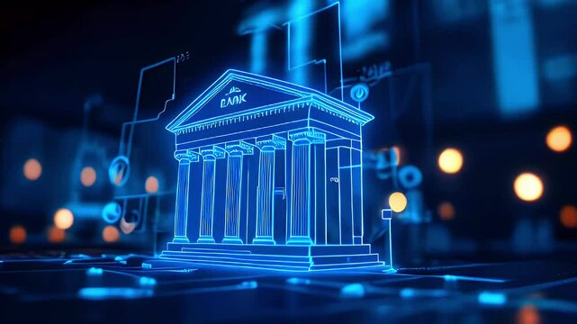 Blue wireframe of a bank with financial charts overlayed on a dark background.