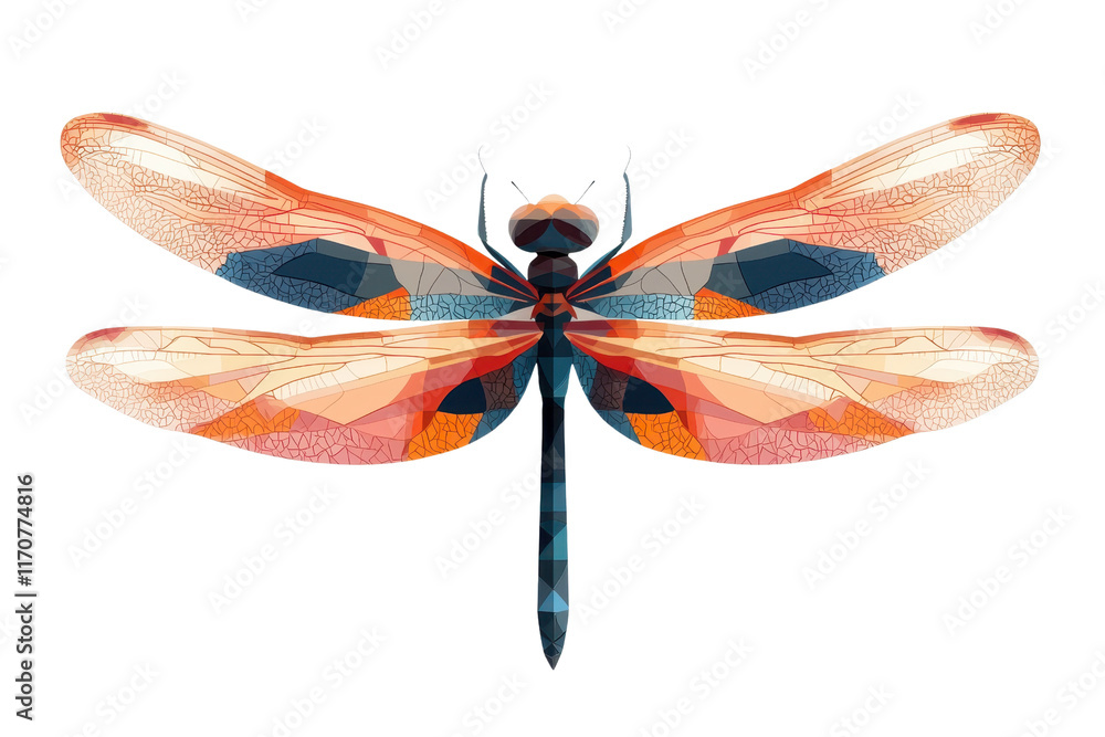 Poster a vibrant dragonfly with colorful wings, showcasing intricate patterns and a detailed body.