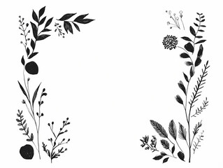 Elegant black and white botanical illustration, featuring a frame of hand-drawn leaves and flowers. Perfect for invitations or home decor.