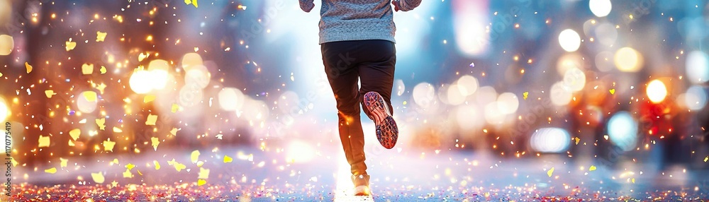 Poster a runner in motion with a blurred, colorful background, creating a dynamic and energetic atmosphere.