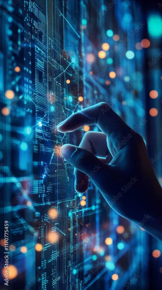 Poster hand interacting with neon data points on digital patterned layout