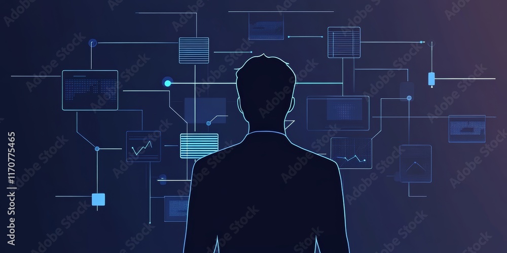 Aufkleber dark silhouette of person analyzing data flow and visualization on a digital background
