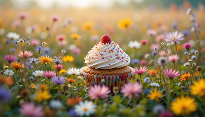 cupcake in a field of wildflowers, spring meadow wallpaper on a beautiful sunny day