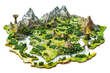 A detailed 3D map showcasing mountains, rivers, and lush greenery, highlighting diverse terrains and natural features.