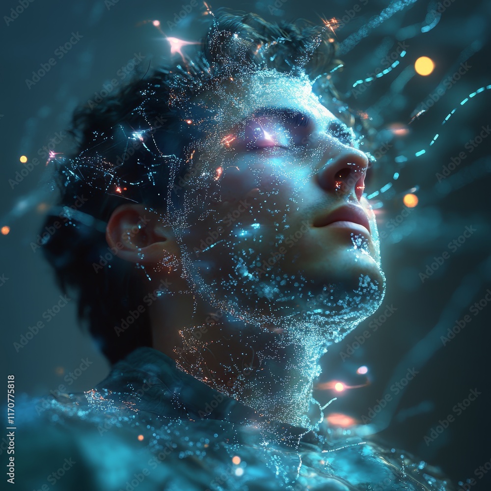 Poster realistic digital representation of human with sparkling information flow and ethereal glow