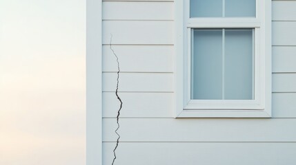 Fototapeta premium House Exterior Wall Crack Under Window, Gloomy Lighting Reveals Structural Damage, Home Inspection Concept